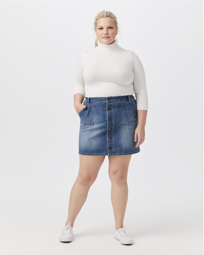 Plus size model with apple body shape wearing Frida Button-Front Jean Skirt by Meri Skye | Dia&Co | dia_product_style_image_id:155909